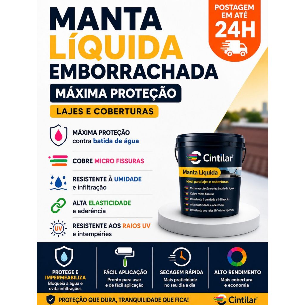 Manta Líquida Cintilar Emborrachada Impermeabilizante Resistente Laje Telhado 18kg 13kg 4kg