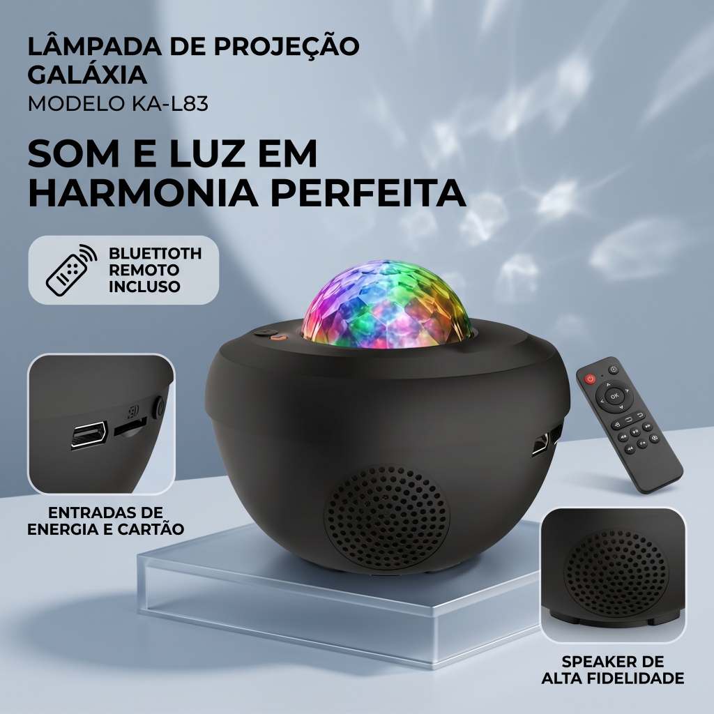 Projetor Galáxia com Som Bluetooth KA-L83 – Transforme Seu Ambiente em um Universo