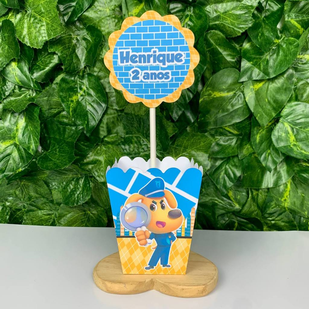 Centro de Mesa Detetive Labrador Azul / Cachepô Personalizado Lembrancinha para Festa Infantil
