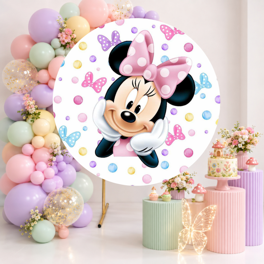 Painel Redondo Tecido Sublimado decoração Minnie Rosa 50cm 1,50m