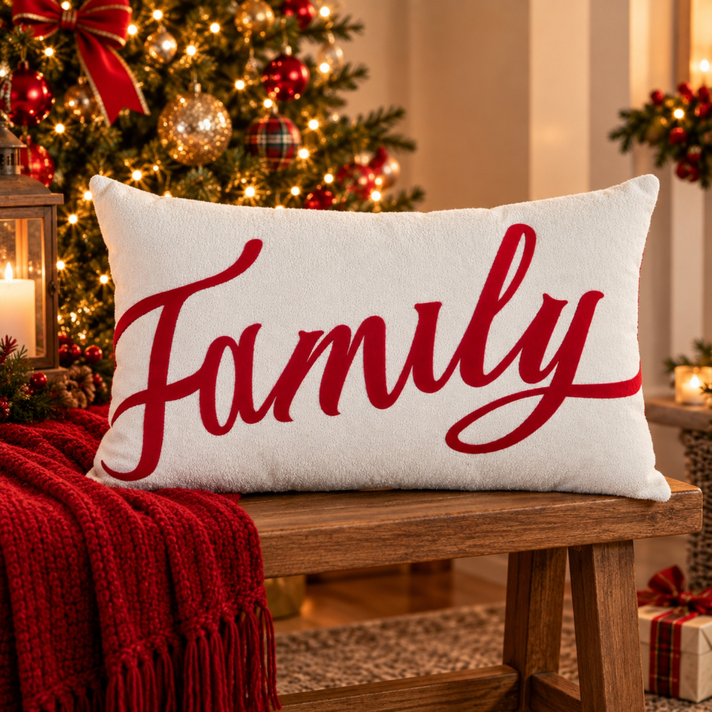 Capa de Almofada Natalina Retangular Veludo Boucle Decoração de Natal Baguete Merry christimas Family 30x50cm — imagem 2 de 2