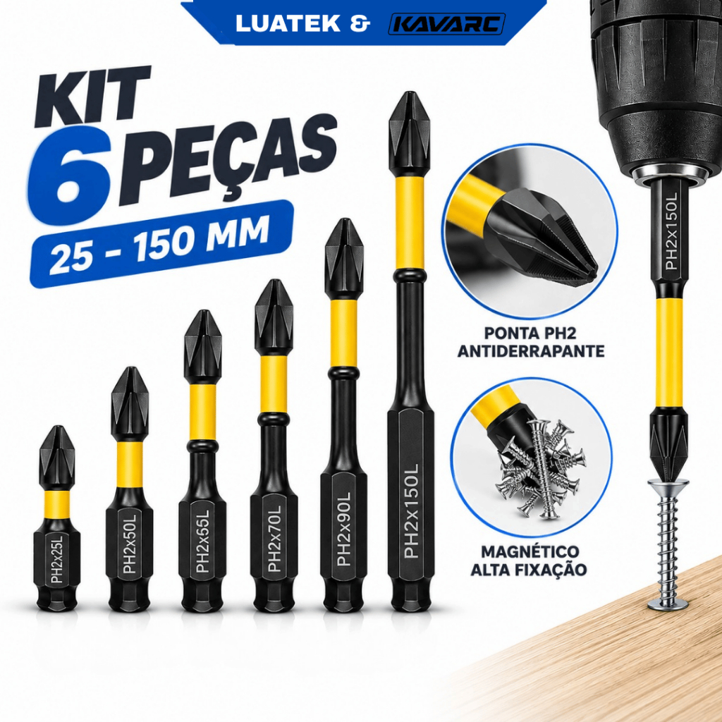 Kit 6 Bits Phillips PH2 Magnéticos de Impacto Aço S2 25 a 150mm para Parafusadeira LUATEK