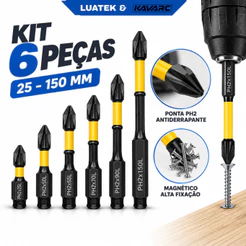 Kit 6 Bits Phillips PH2 Magnéticos de Impacto Aço S2 25 a 150mm para Parafusadeira LUATEK