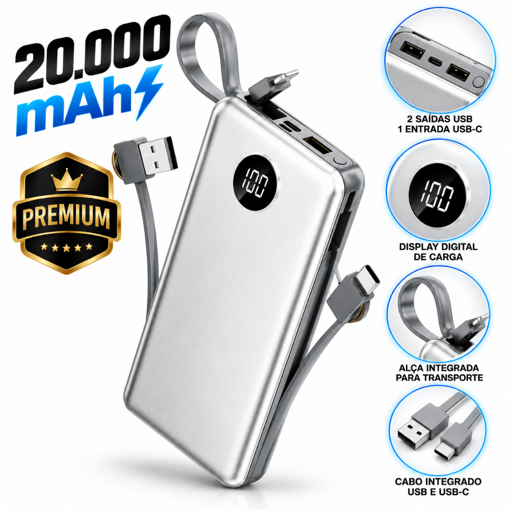 Carregador Portátil Turbo 20000mAh 22.5W Power Bank Premium Cabos Integrados