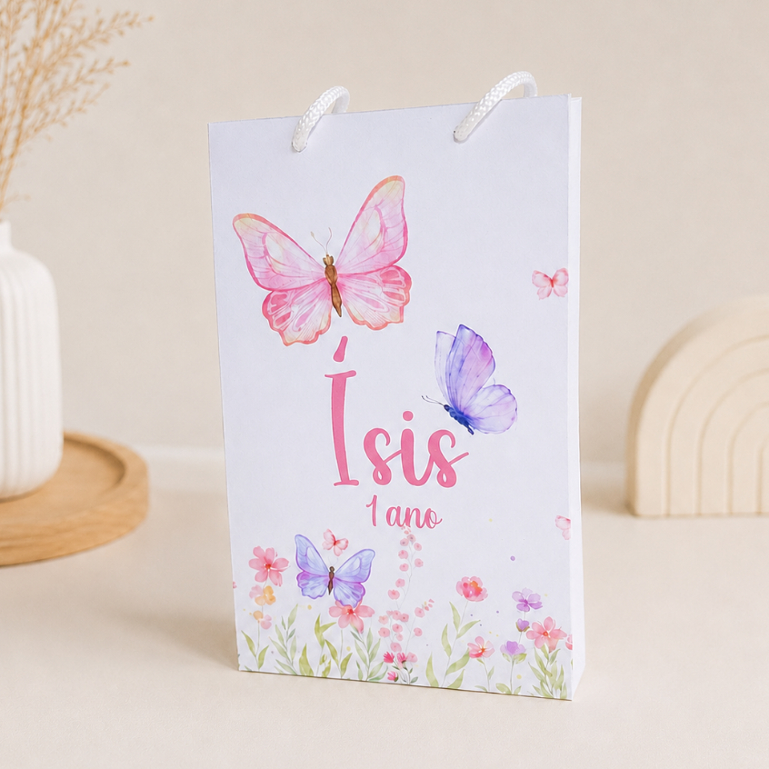 Sacolinha Borboletas lilás e Rosa com nome personalizado-Lembrancinha de festa-Pegue e Monte