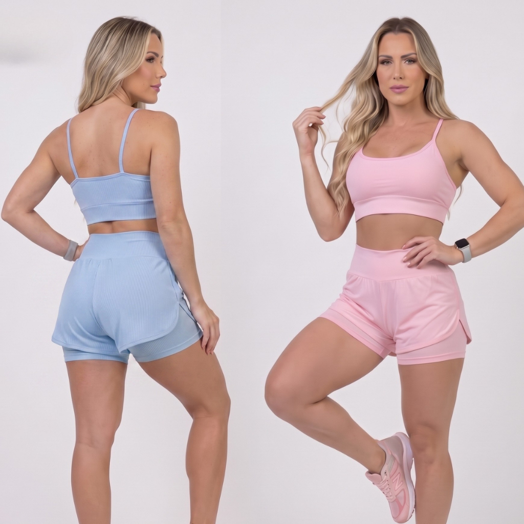 Kit 2 Conjuntos Fitness Feminino Short Duplo Suplex Cintura Alta Academia Yoga Zero Transparência
