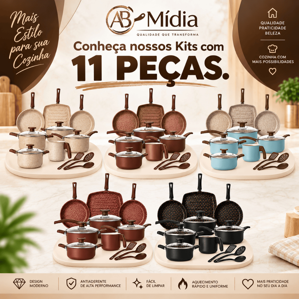 Jogo de Panelas com Grill Antiaderente Tampa Vidro, Conjunto 11 Peças, Kit Completo