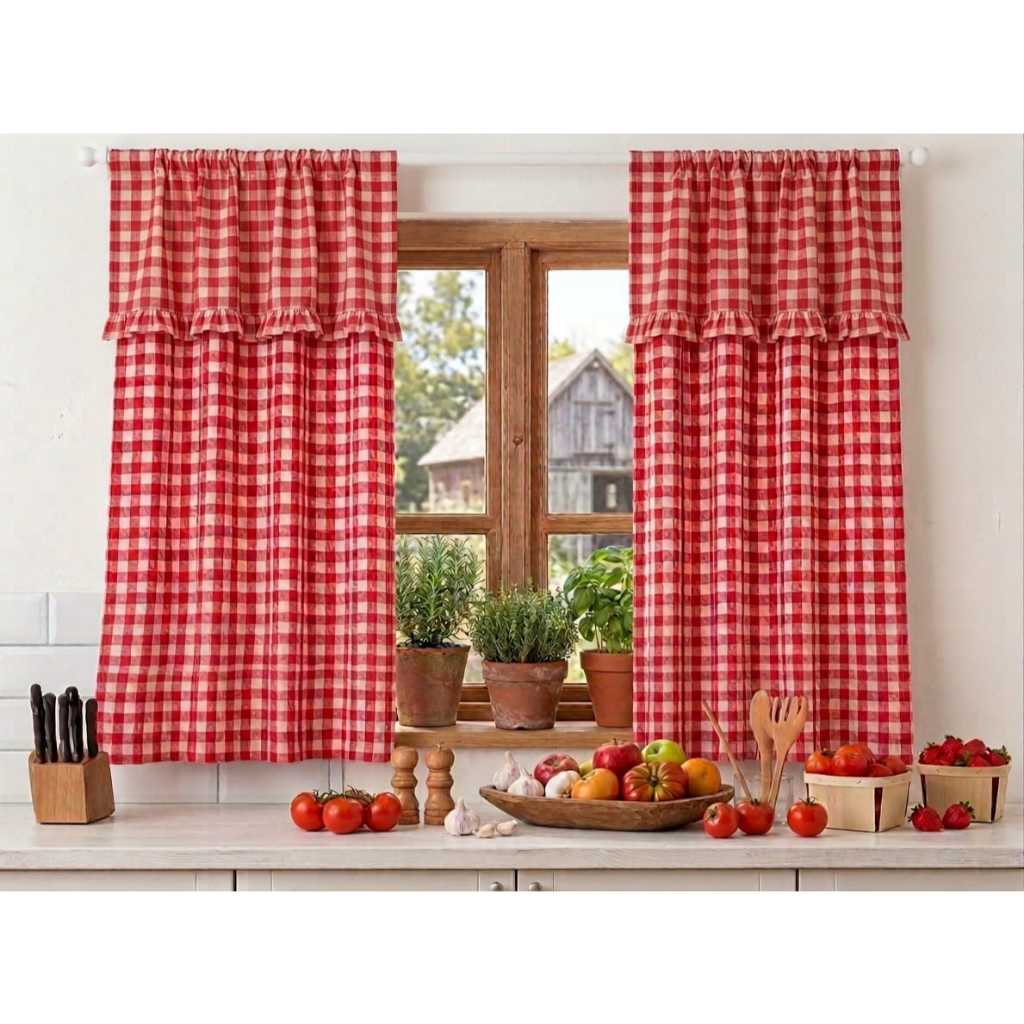 Cortina Para Cozinha Farm Com Bando e Babado Estilo Farmhouse