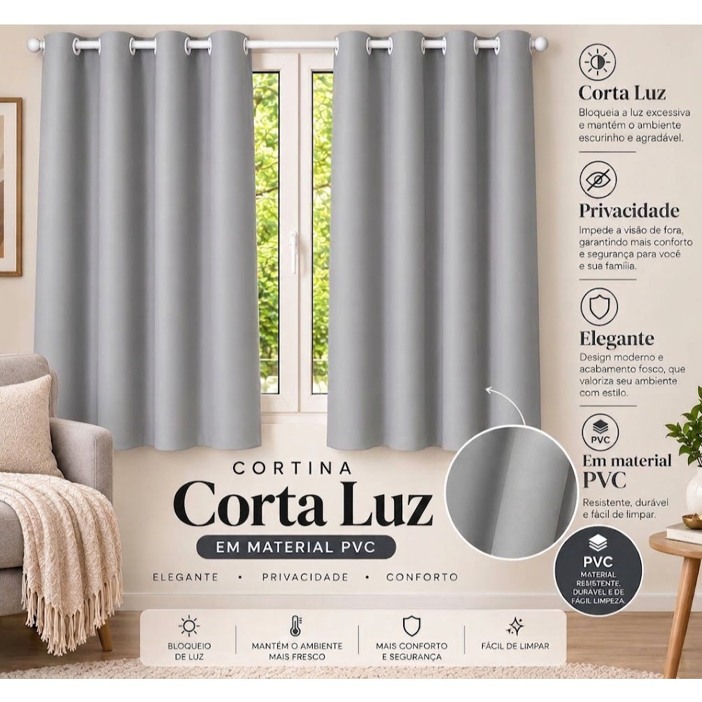 Cortina PVC Blackout Várias Medidas, 100% Luz Varão Quarto Sala Cozinha Diversas Cores Lavável Lisa.