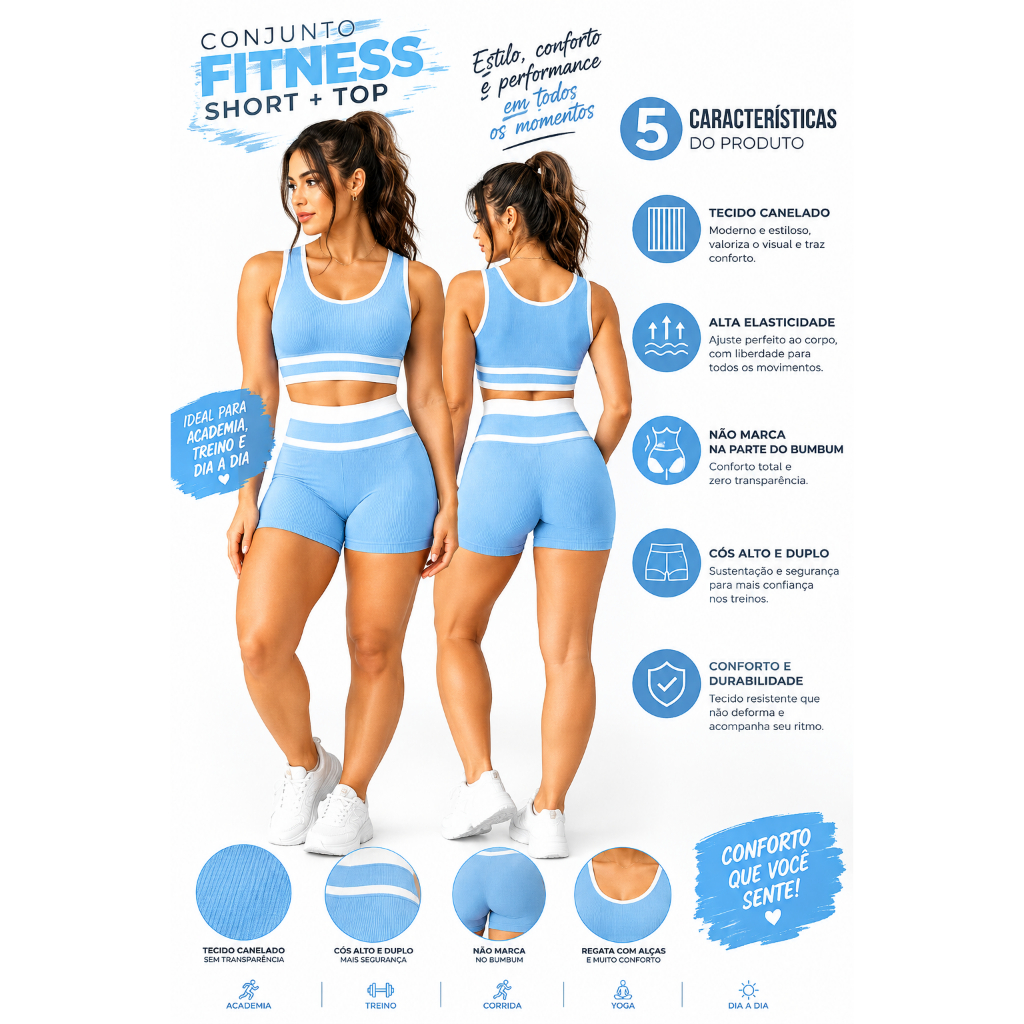 CONJUNTO FITNESS FEMININO POLIAMIDA PREMIUM CANELADO GROSSO ZERO TRANSPARÊNCIA ACADEMIA TREINO GYM CORRIDA