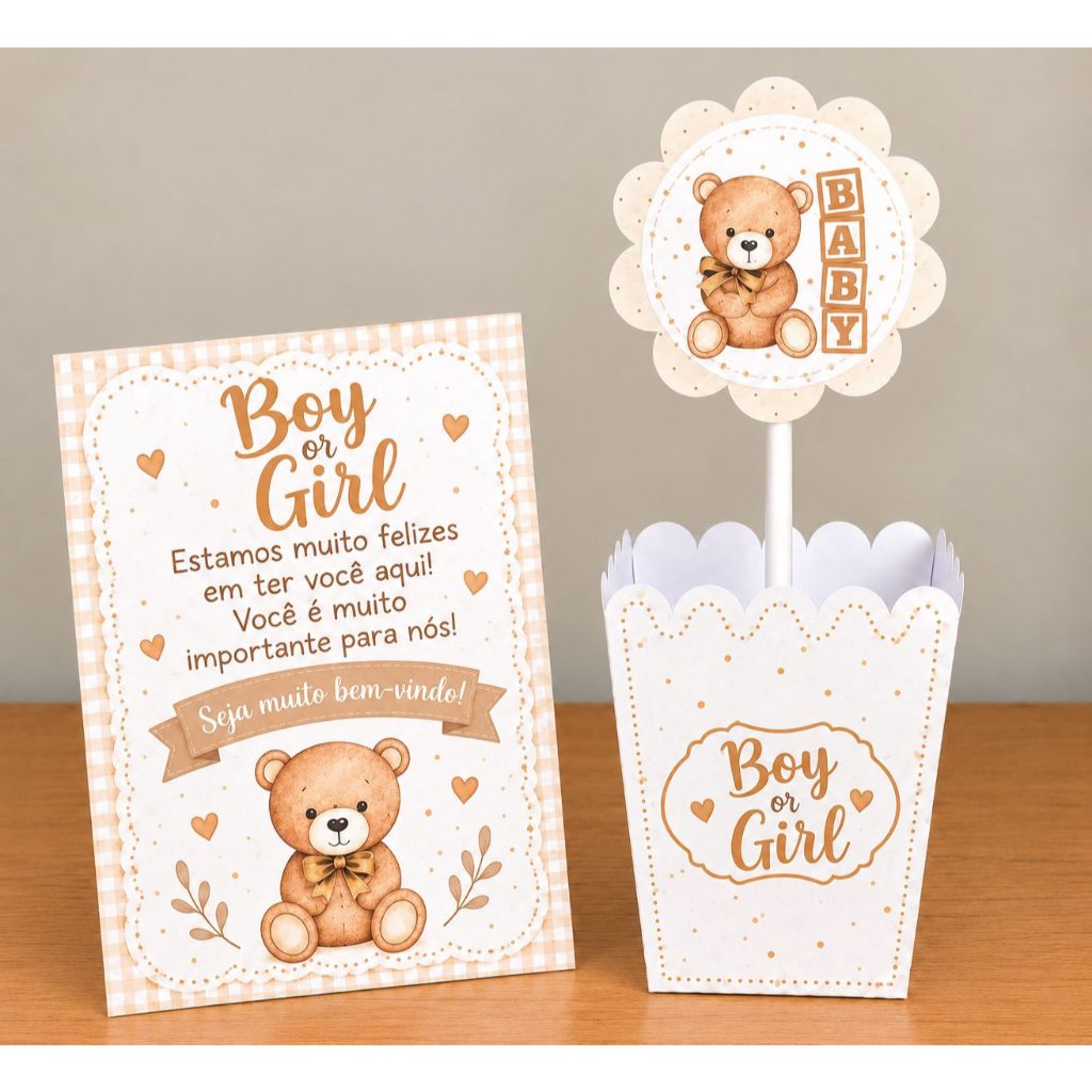PEGUE E MONTE -Centro de Mesa Cachepô + Plaquinha Chá de Bebê Revelação Ursinho Neutro Dourado- Personalizados Lembranci