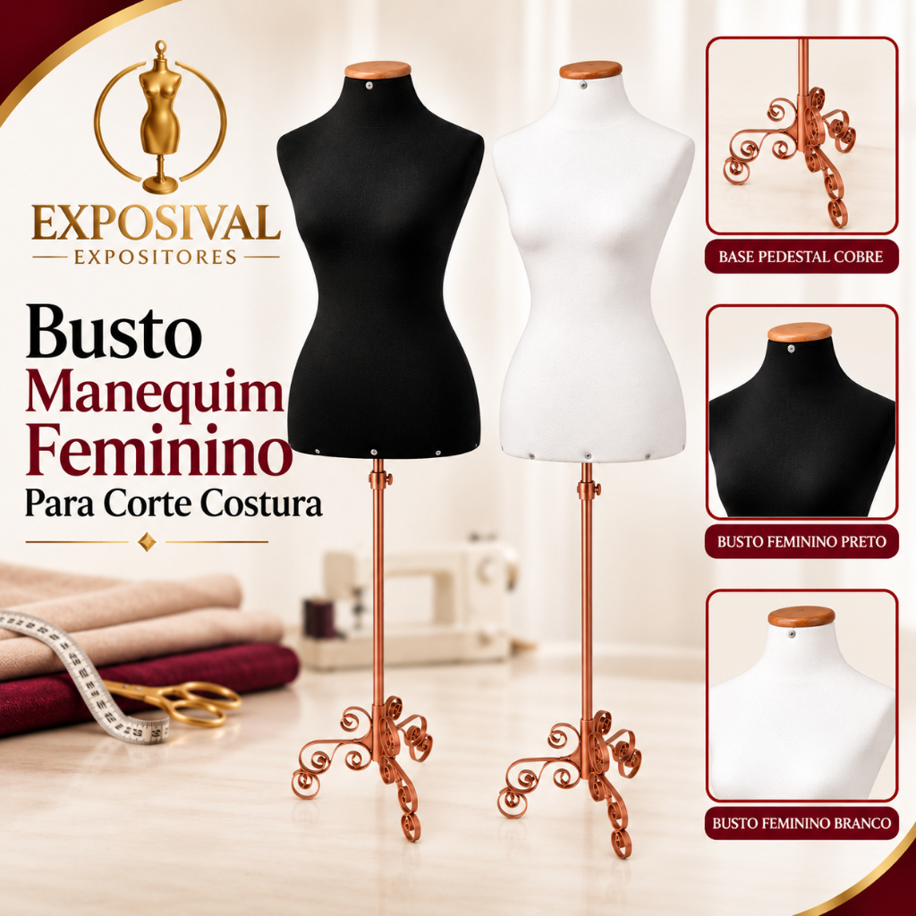 Busto Manequim Feminino Para Corte Costura Confecção com Base Pedestal Vintage Cobre Vitrine Loja