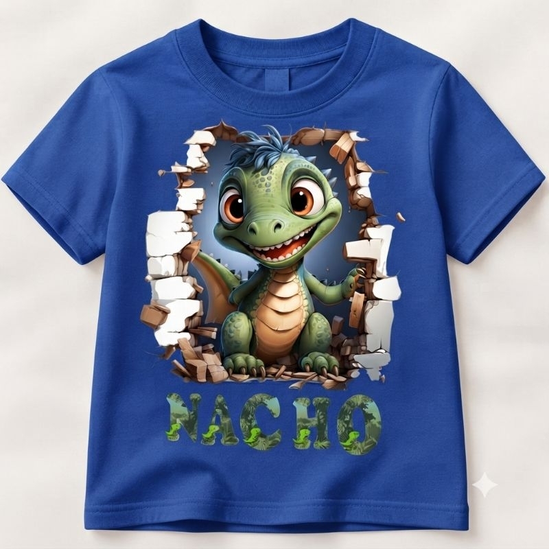 Camiseta Infantil Dino Nacho 3D Dinossauro Fofo Estampa Exclusiva Algodão
