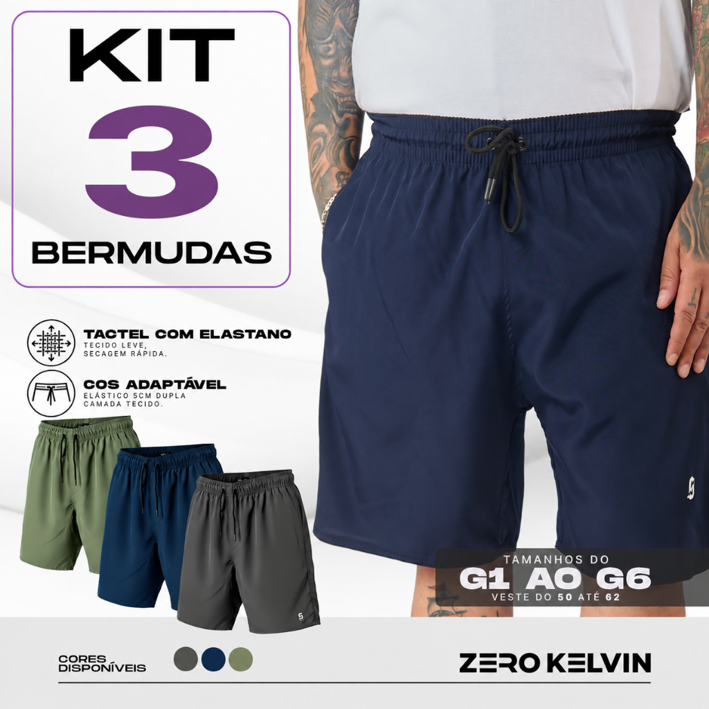 Kit 3 Bermudas Masculina Plus Size Tactel com Elastano Conforto G1 ao G6 Grande Academia Praia