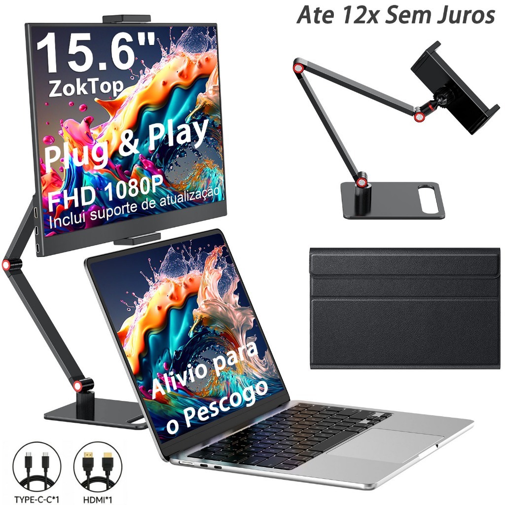 [Combo Especial] Monitor Portátil 15.6" 1080P IPS + Suporte Articulado Ergonômico de Mesa Segunda Tela Plug & Play