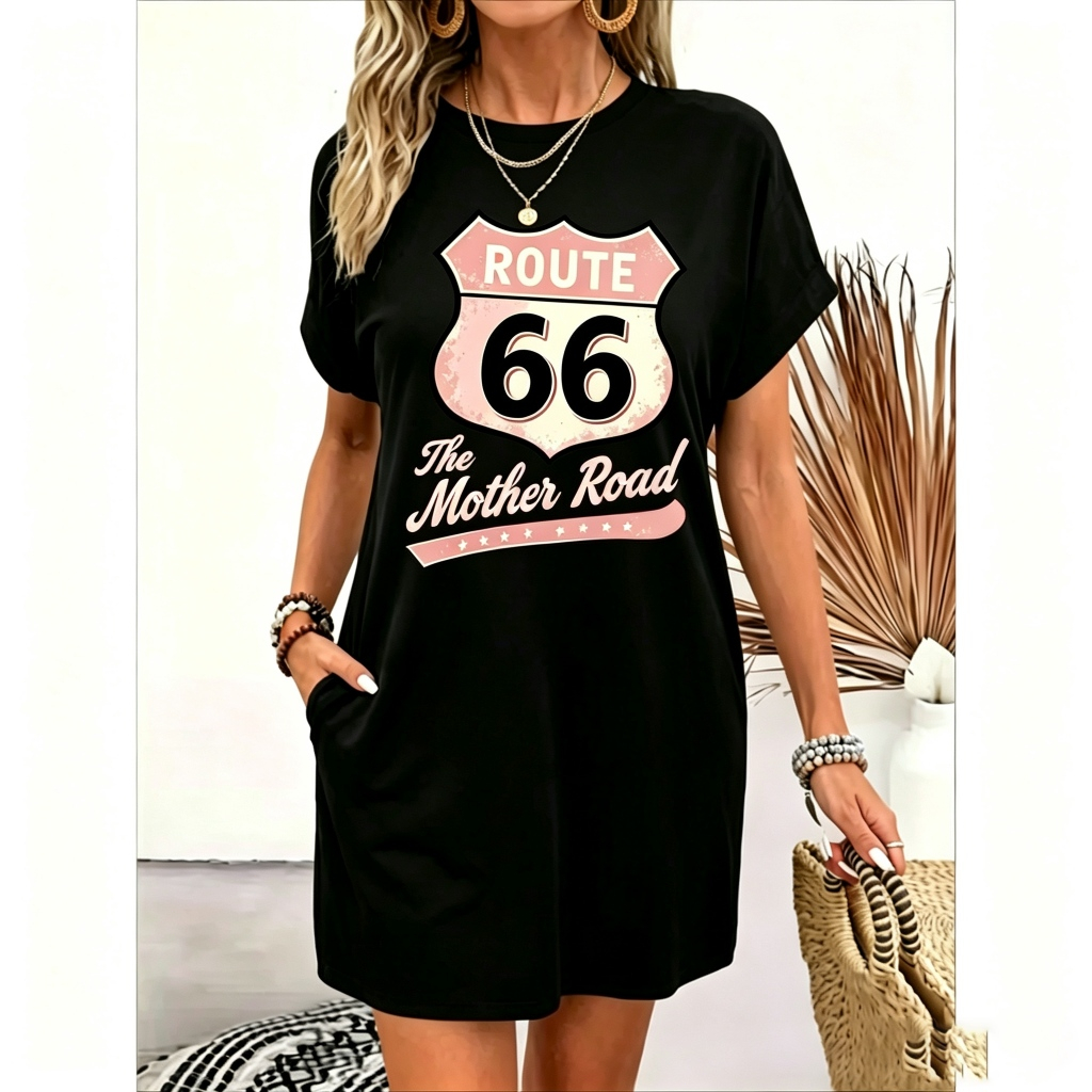 Vestido de manga curta com estampa retrô do símbolo da Rodovia 66 – Vestido folgado e casual para o dia a dia