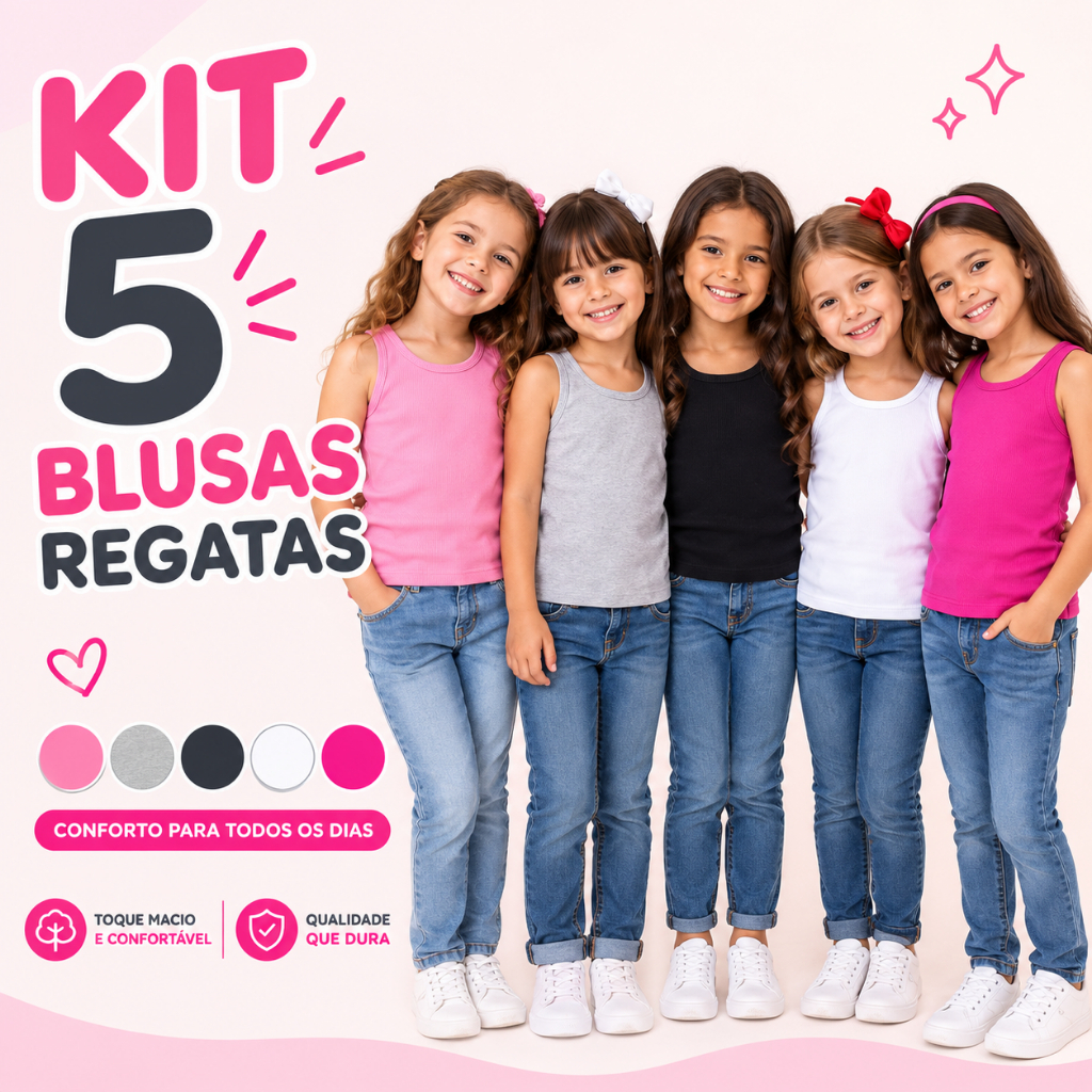 Kit 5 Regatas Infantil Feminina Ribana Algodão Menina Blusa Regata Verão Tamanhos 2 ao 14