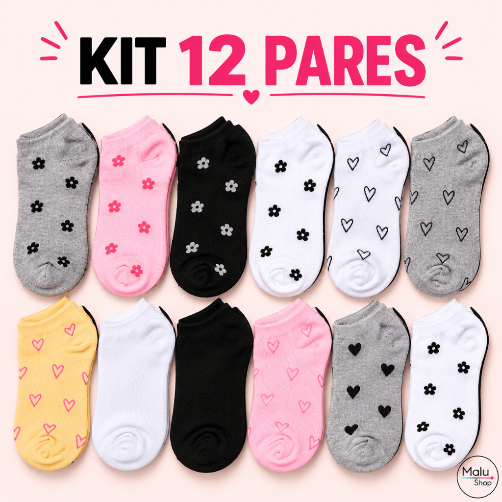 Kit Meias Femininas Soquete 3/6/12 Pares Cano Curto Confortáveis Ajustaveis Menor Preço