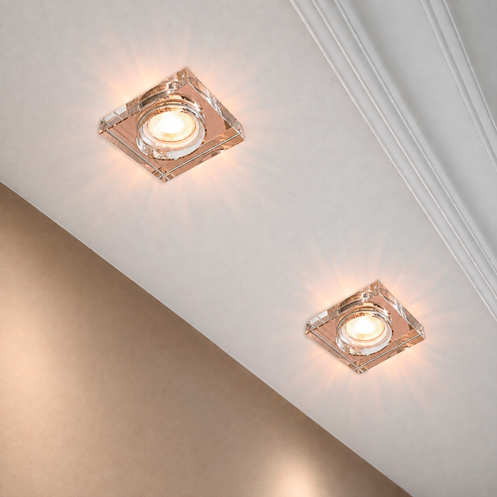 2 Spot De Cristal Espelhado Glint Rose Embutir Sala Lup66 + Led