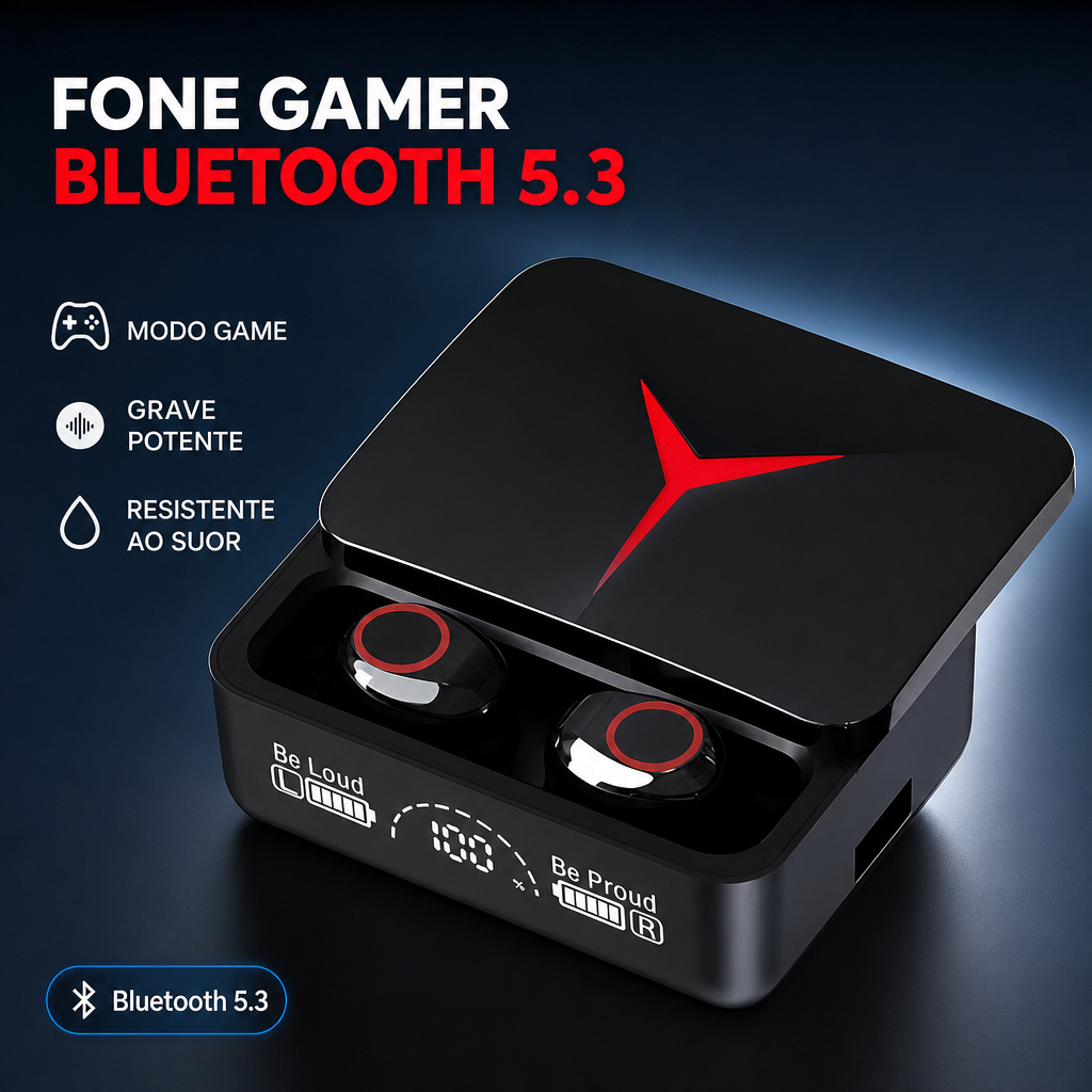 Fone de Ouvido Sem Fio Bluetooth 5.3 TWS Gamer Esportivo Touch Hifi Stereo Redução de Ruído Case
