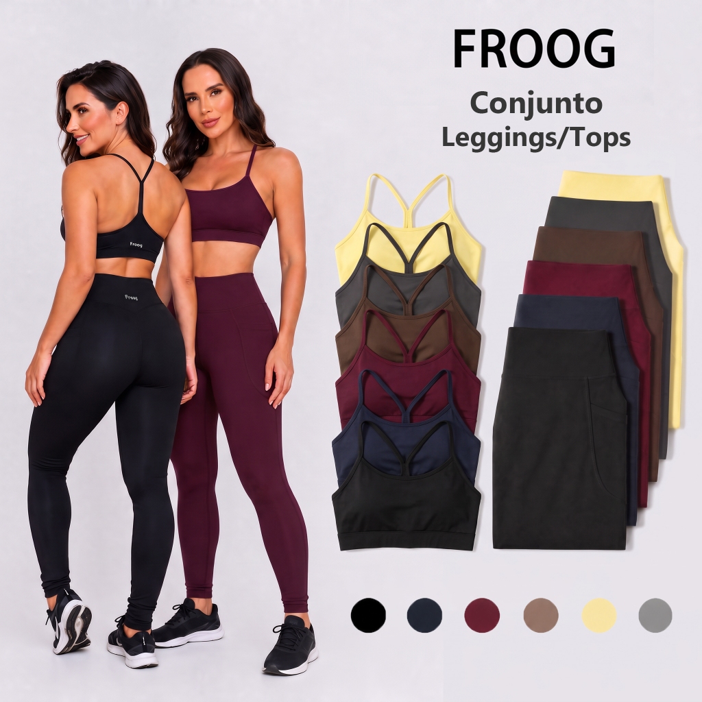 Froog Conjunto Fitness Feminino Calça Legging com Bolso Zero Transparência + Tops Academia para Corrida Yoga