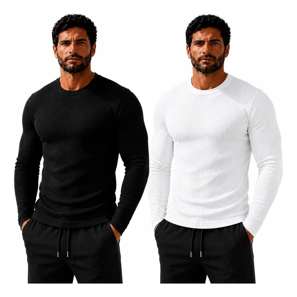 Kit Com 2 Camisas Masculina Malha Canelada Manga Longa Slim