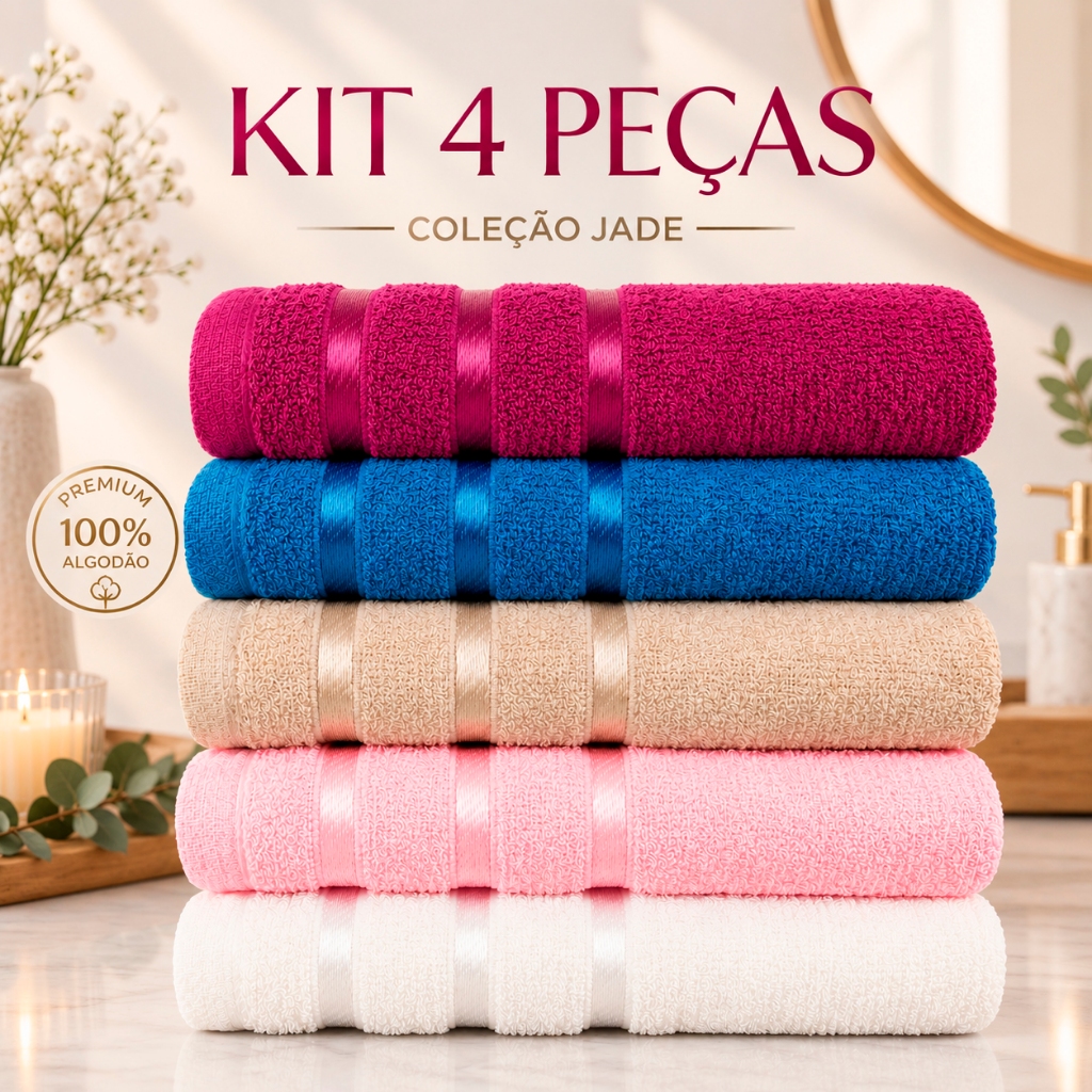 Kit 4pçs Toalha de Rosto 100% Algodão 45x60cm Alta Absorção - Coleção Especial Jade