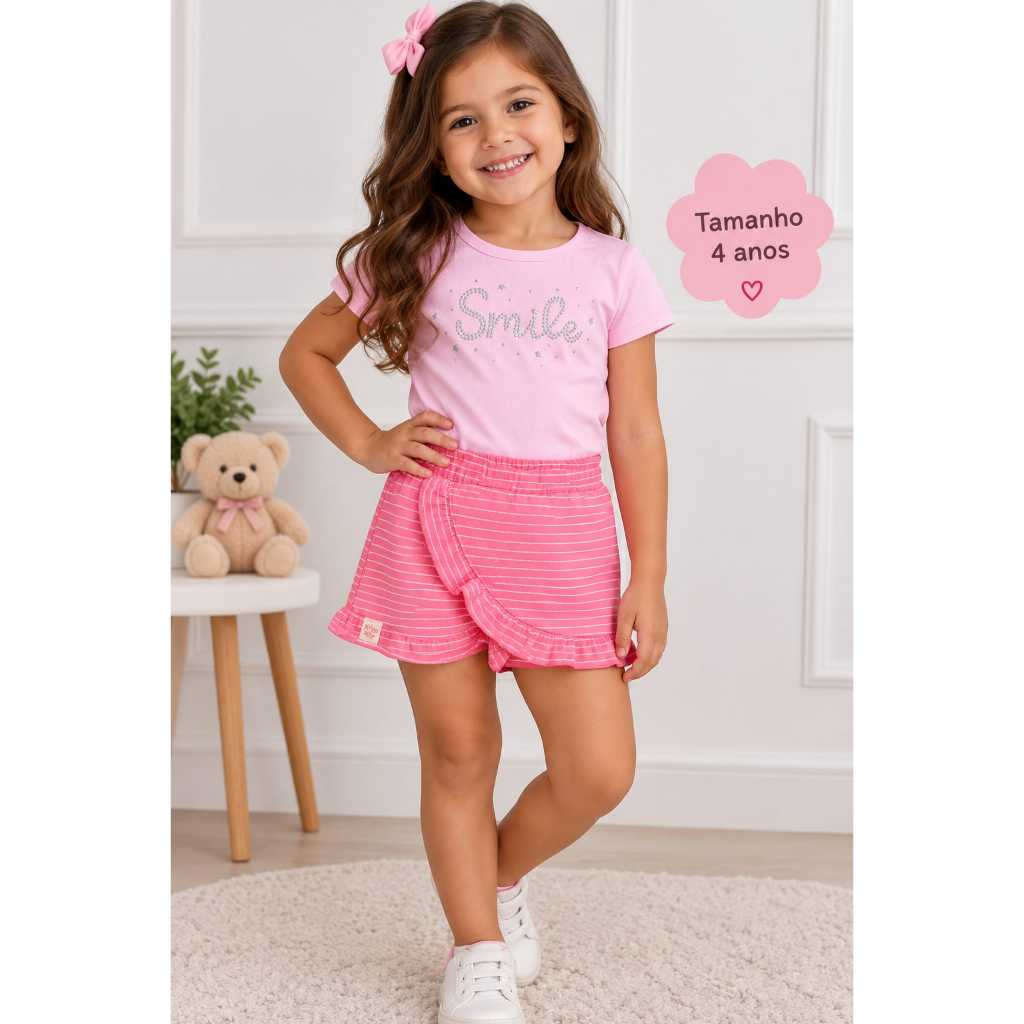 CONJUNTO INFANTIL FEMININO BLUSA + SHORT SAIA MENINA LOOK VERÃO CASUAL, MODINHA INFANTIL, ROUPA MENINA,PASSEIO, TENDENCI