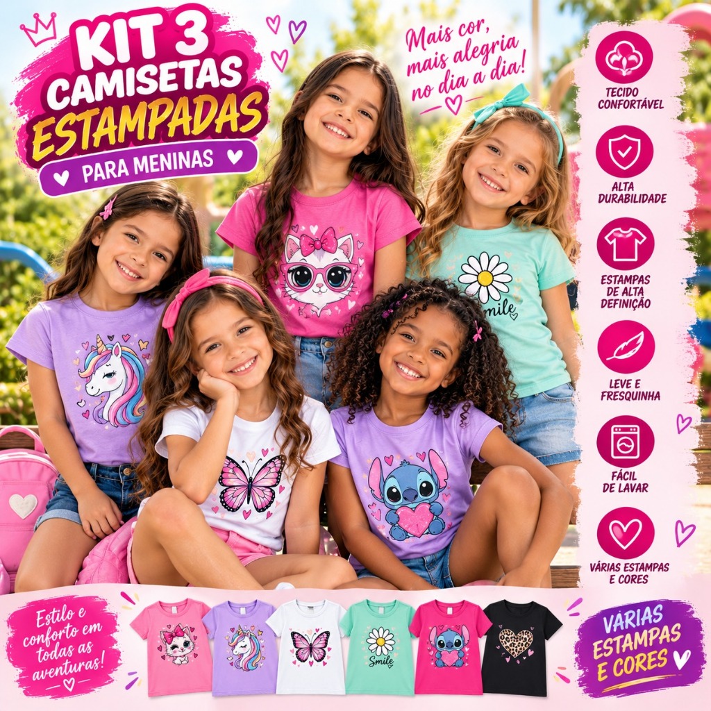 Kit 3 Camisetas Infantil Menina Estampadas DTF Cores Variadas 2 ao 14