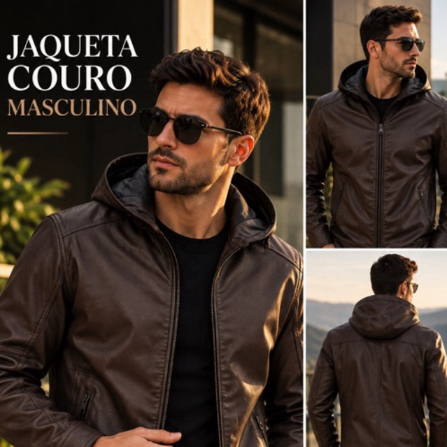 jaqueta masculina courino couro sintético com capuz zíper bolsos casaco inverno motociclista casual urbana gola alta