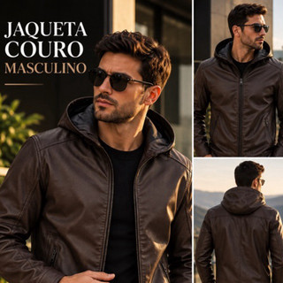 jaqueta masculina courino couro sintético com capuz zíper bolsos casaco inverno motociclista casual urbana gola alta