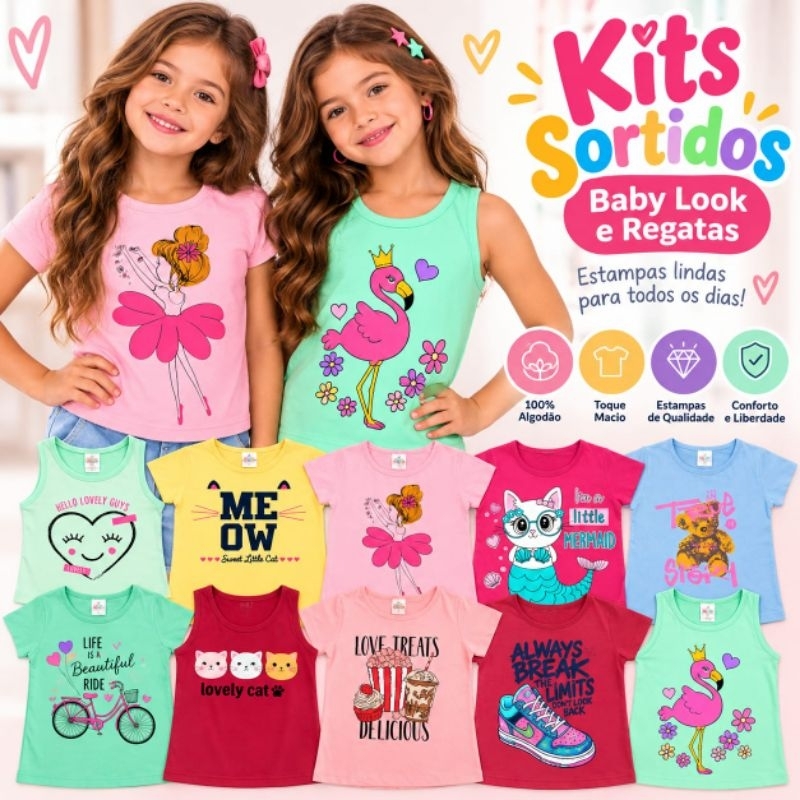 Kit Camiseta e Regata Infantil Feminina Sortido - Roupa Infantil Menina - Camisa Infantil (Sortido)