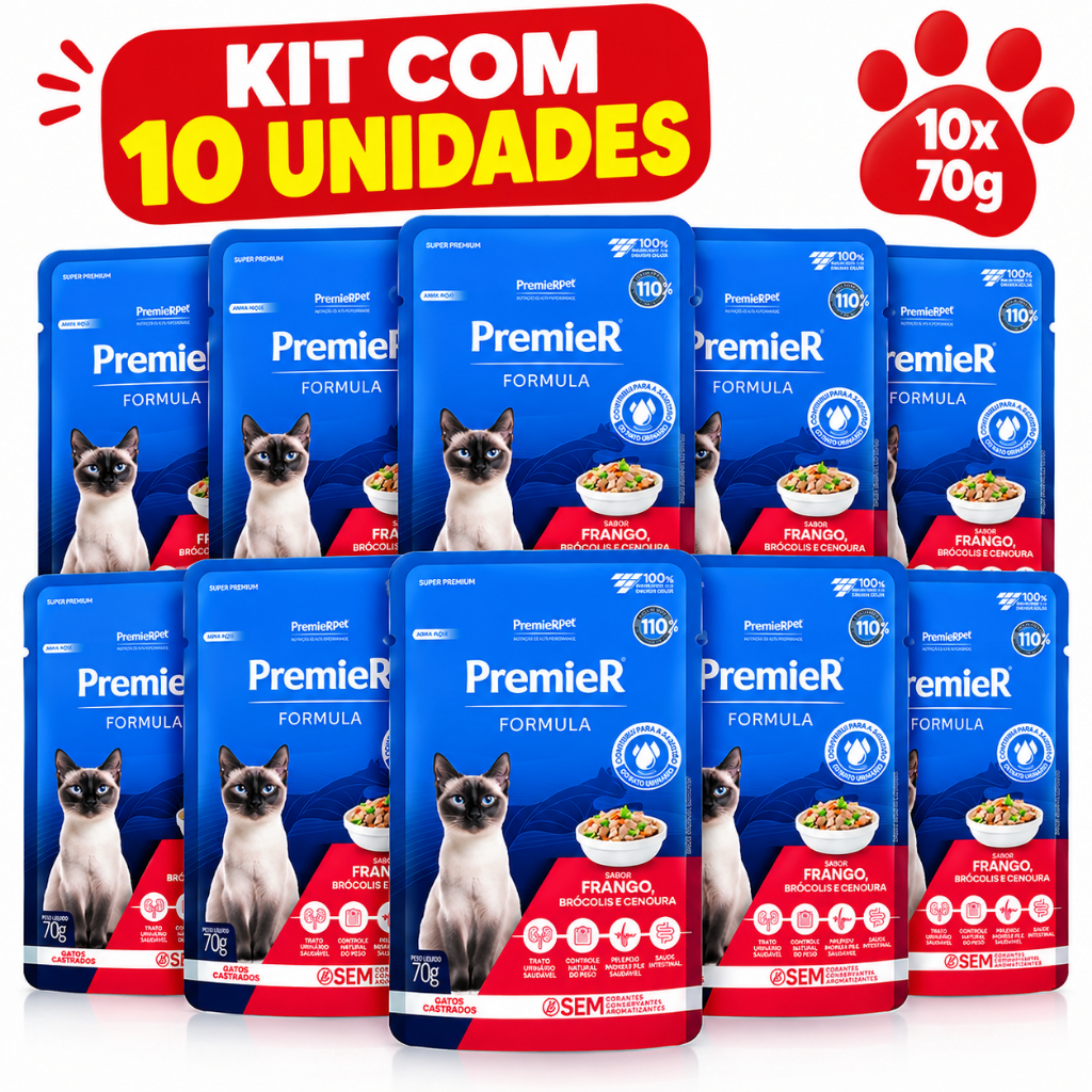 kit 10 Saches Premier Gato 70Gr Formula Ad Castrado Frango
