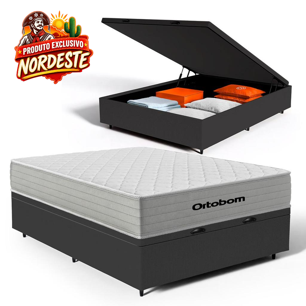 Cama Box Baú com Colchão de Molas Ensacadas Ortobom One Face Plenno Superpocket Casal 138cm