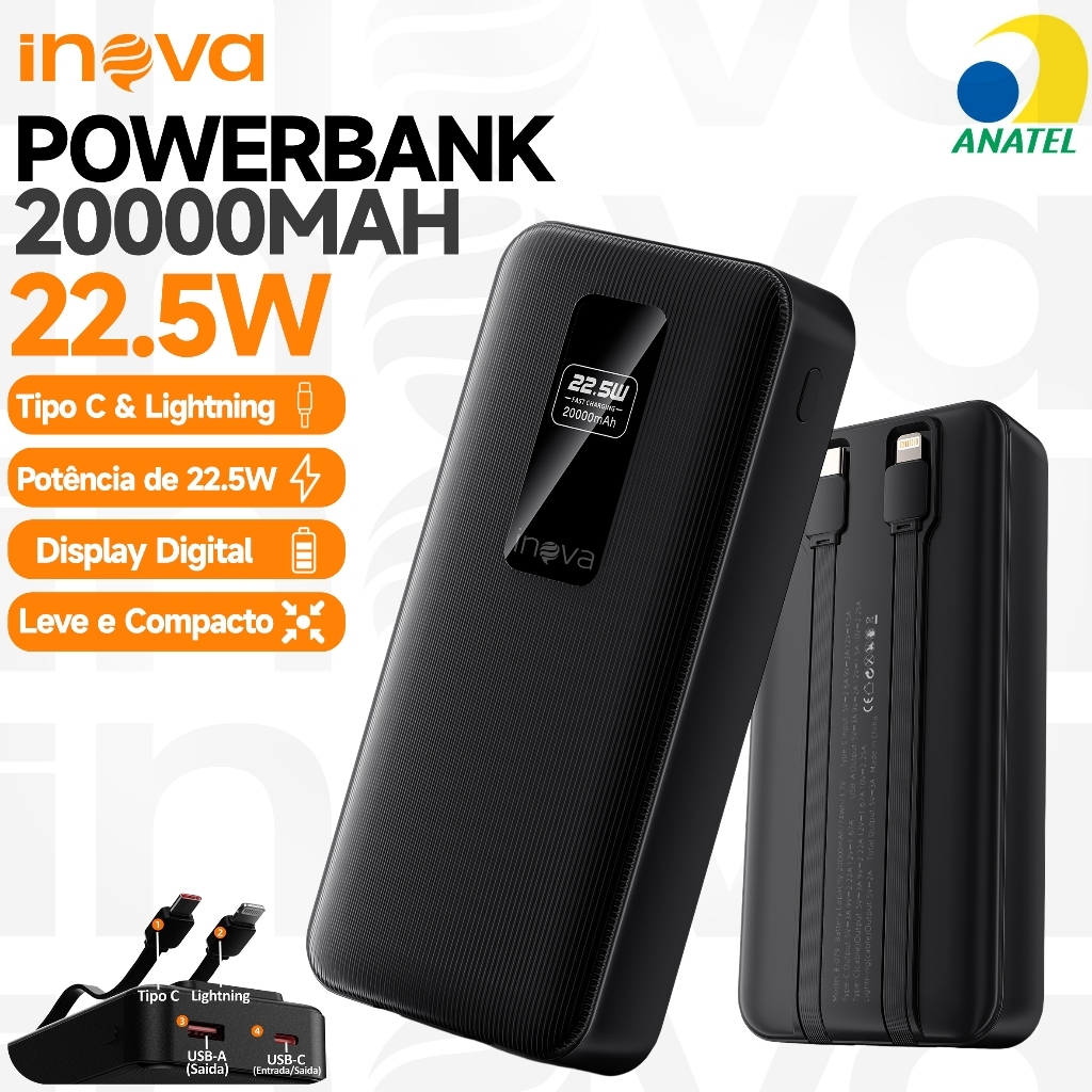 INOVA Power Bank Universal 10000/20000mAh Display LED Carga Rápida 22.5W Portátil Compatível iPhone Android