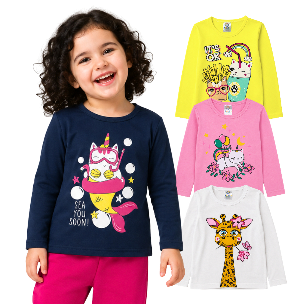 Kit 3 Camiseta Infantil Manga Longa Menina Sortida Blusa Meia Estação Roupa Feminina