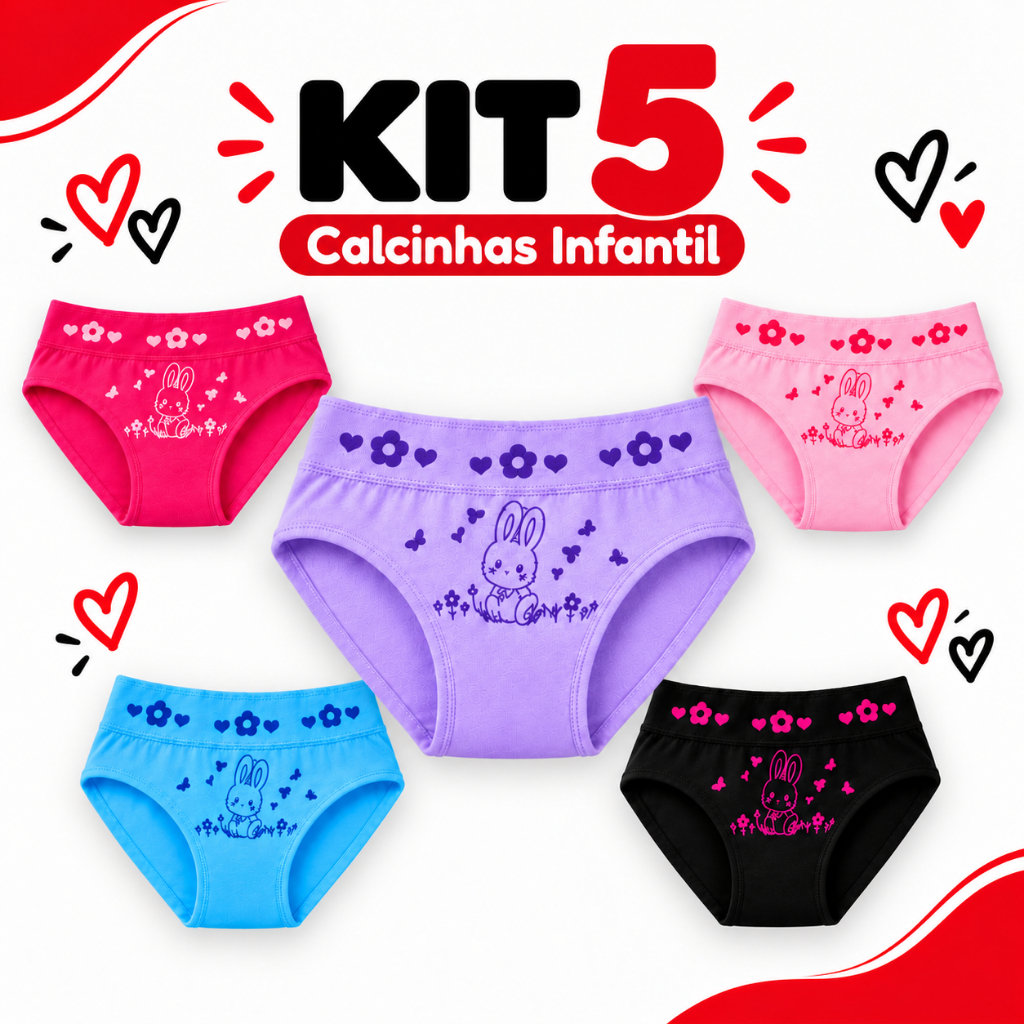Kit 5 Calcinhas Infantis para Meninas | Modelos Lisos com Detalhes, Cores Sortidas, Tecido Leve, Confortável