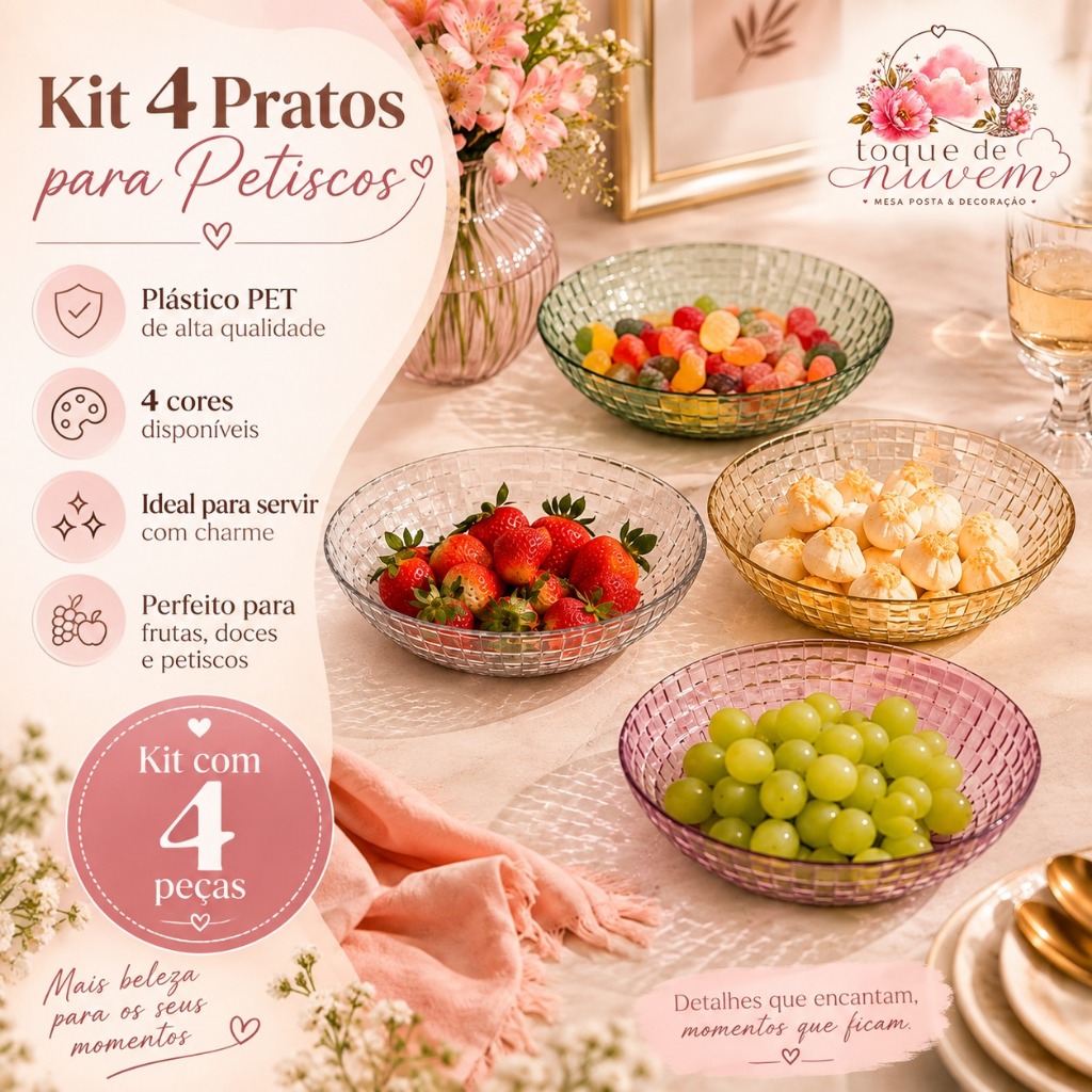 Kit 4 Petisqueiras Rattan 15,5cm Prato Raso Transparente Mesa Posta Petiscos Frutas Aperitivos Luxo