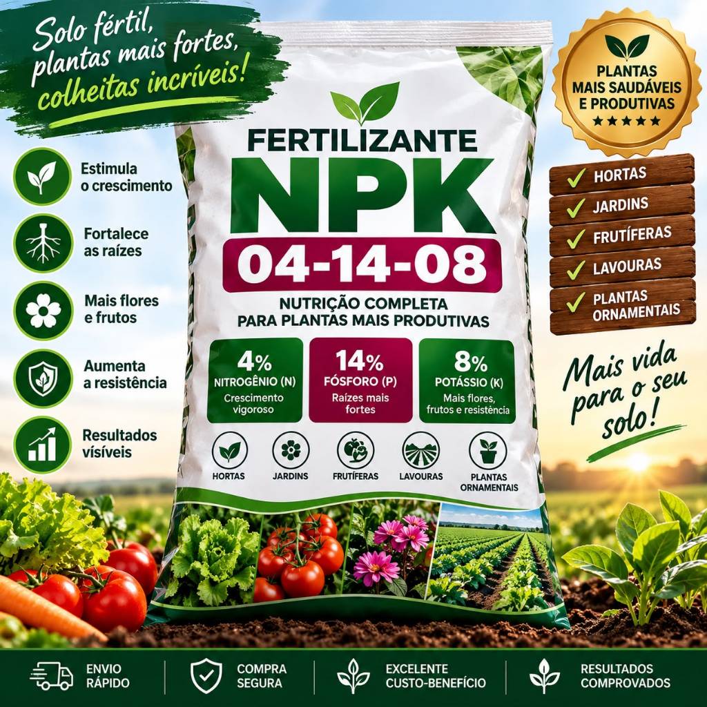 Fertilizante NPK 04-14-08 Completo | Nitrogênio Fósforo e Potássio | Para Hortas, Jardins, Frutíferas e Lavouras