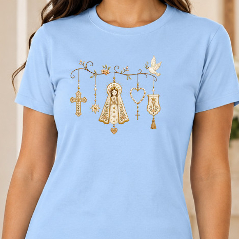 Camiseta Feminina Blusa Nossa Senhora Aparecida – 100% Algodão, Estampa Católica Dourada e Confortável Envio Rapido