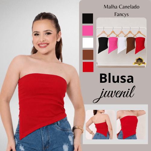 Blusa Tomara que Caia Assimétrica Canelada Feminina Juvenil com Fenda Lateral Moderno e Tendência