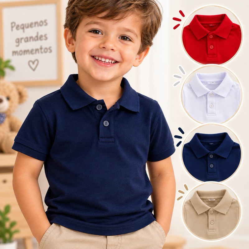 Camisa Gola Polo Infantil Menino Básica Lisa Social 100% Algodão Masculina Curta