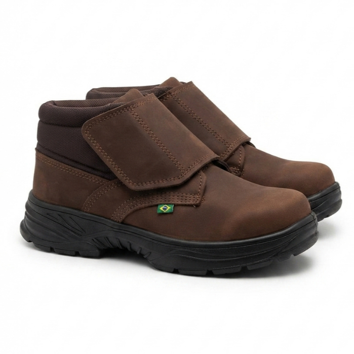 Bota Botina de Segurança Velcro Couro Legítimo CA Bico PVC Trabalho Construção Confortável