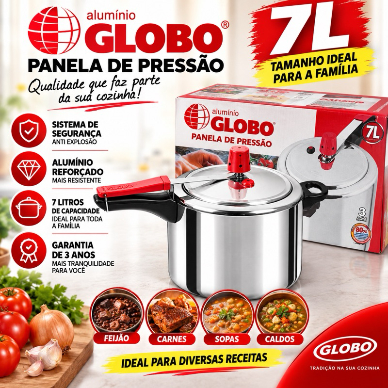 Panela de Pressão Globo 7 Litros: mais capacidade para preparar refeições deliciosas para toda a família.