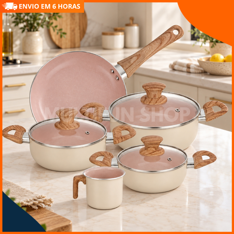 Imagem Jogo De Panelas Cerâmica 5 Peças Antiaderente Indução Cabos Toque Amadeirado Kit Cozinha Completa Saudável Premium Luxo