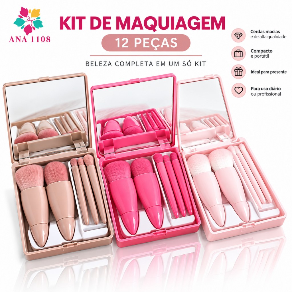 KIT 12PCS Mini Espelho De Maquiagem Portátil Com 5 Pcs Pincéis De Maquiagem Lupa Mão Segurar Bolso Dobrável