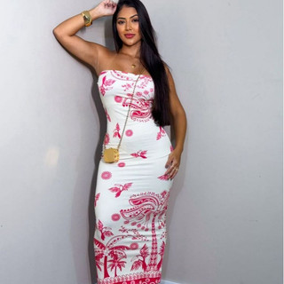Vestido Feminino Tomara Que Caia Longo Estampado Tendência Verão Tropical