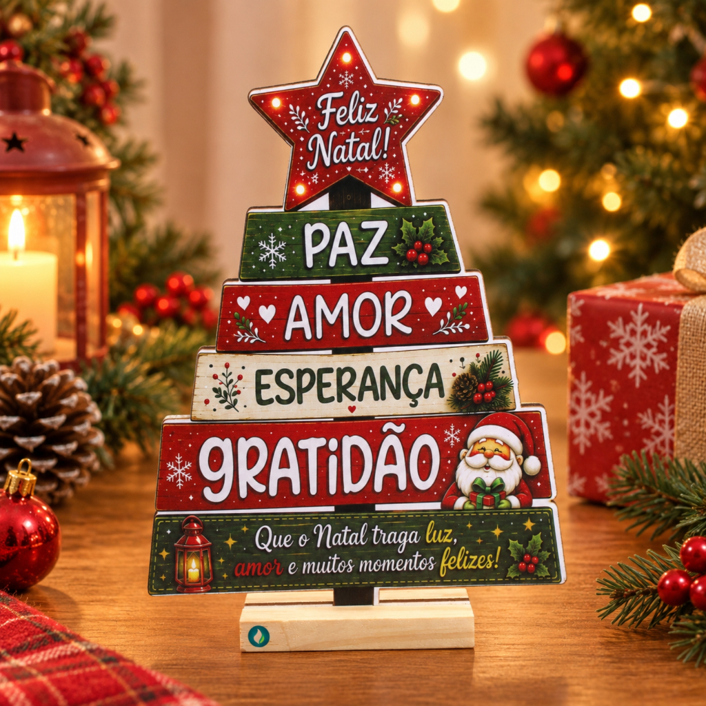 Árvore de Natal MDF Decoração Natalina Mesa Enfeite Decorativo Papai Noel Feliz Natal Base 24x17 cm