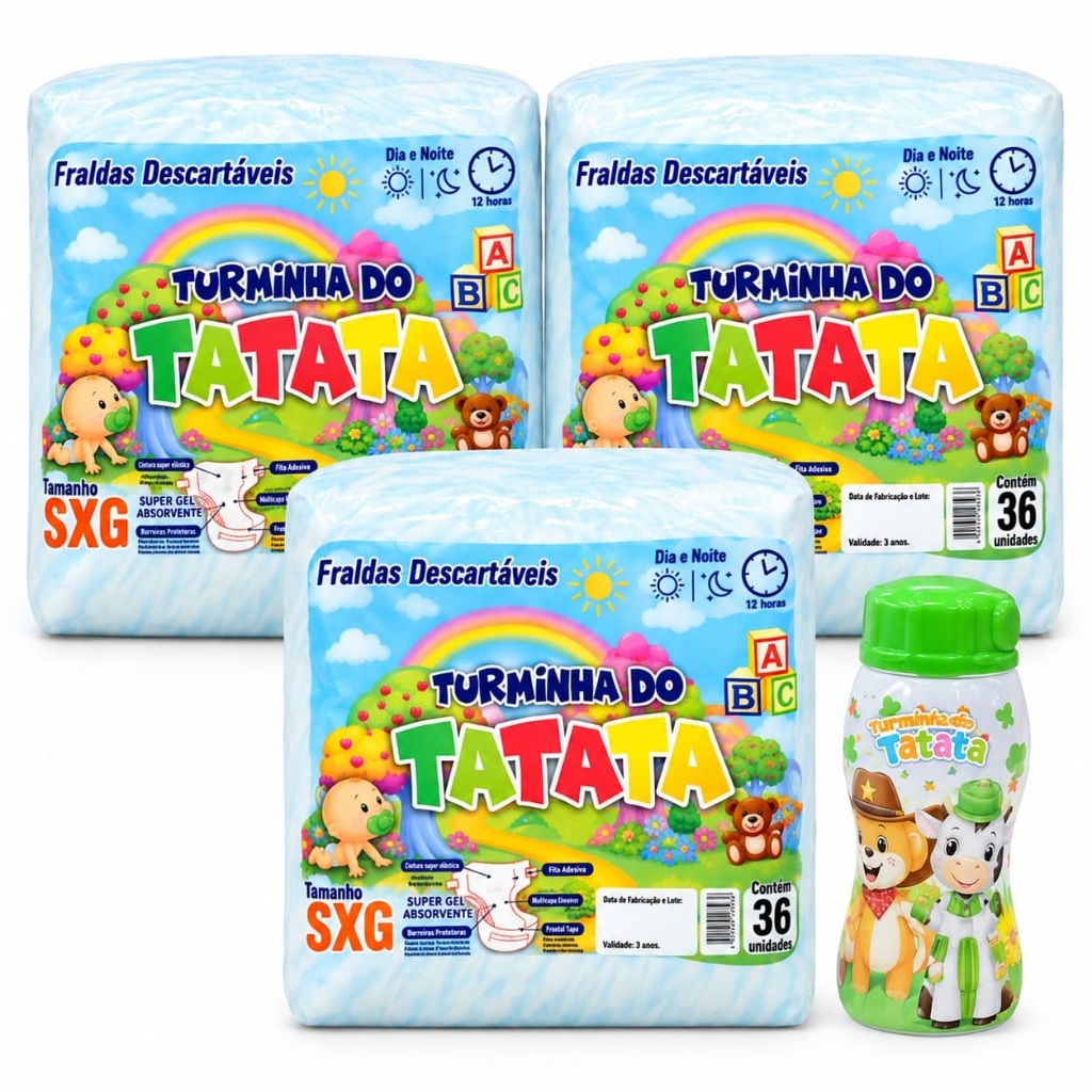 kit 3 Pacotões Fraldas Adesivas Infantil Econômico P M G GG SXG + Garrafinha Baby