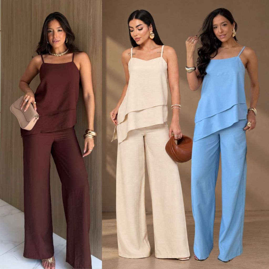 Conjunto Feminino Assimétrico Alfaiataria Amarrante Blusa de Alça Regulável + Calça Pantalona Social